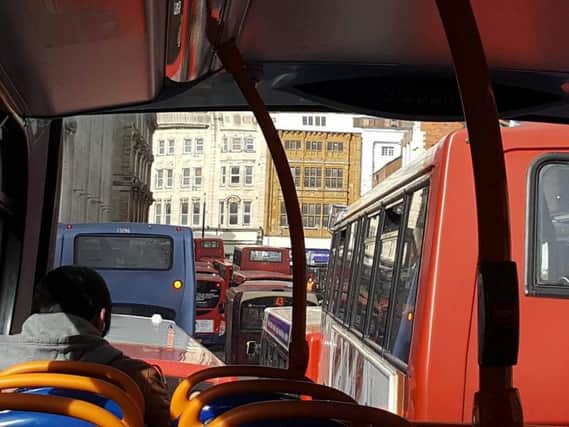 The backlog of buses in the Drapery on Monday were a result of gas works in Horse Market.