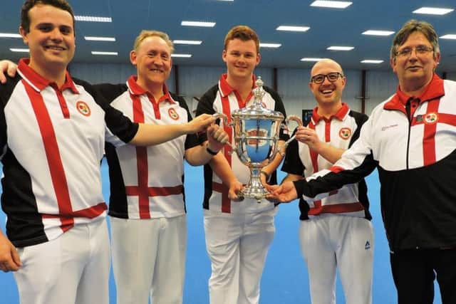 The Kingsthorpe players who were part of the England team which won the British Isles International Series. Left to right: Jamie Walker, Andrew Manton, Connor Cinato, Neil McKee and Martin Walker (England Selector from Northants)