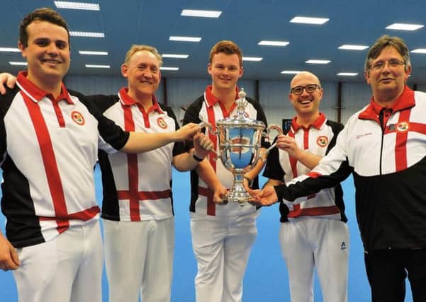 The Kingsthorpe players who were part of the England team which won the British Isles International Series. Left to right:  Jamie Walker, Andrew Manton, Connor Cinato, Neil McKee and Martin Walker (England Selector from Northants)