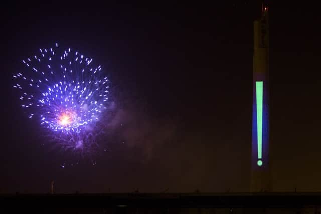 Fireworks and 3D projections lighting up the lift tower. NNL-170328-095356009