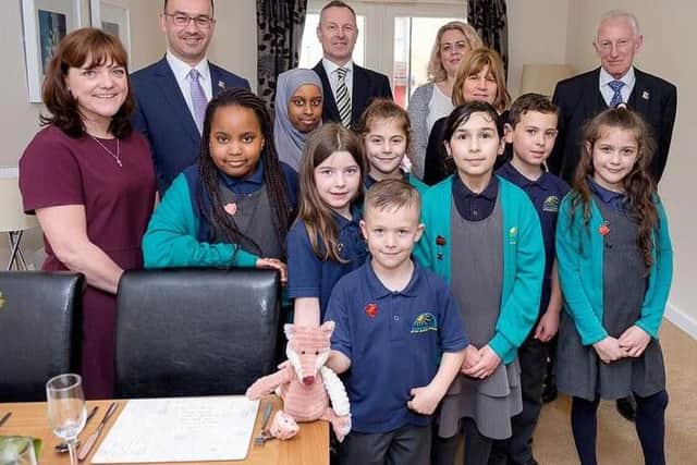 Children from Upton Meadow Primary School at the naming ceremony for the new Foxfields retirement development.