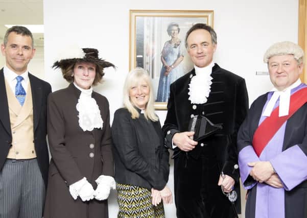 From left to right: the Under Sheriff of Northamptonshire Dominic Hopkins; the outgoing High Sheriff Caroline Brocklehurst; the High Sheriff's chaplain Reverend Carole Peters-King; the new High Sheriff Rupert Fordham; and the resident judge His Honour Judge Mayo