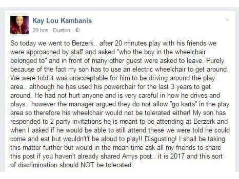 Kay's Facebook post following her experiences at Berzerk Leisure.