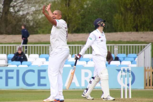 Rory Kleinveldt appeals for a wicket at Derby