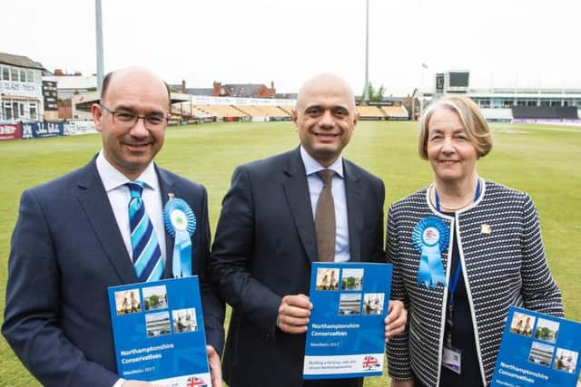 Andre Gonzalez de Savage, Sajid Javid and Heather Smith at the tory manifesto launch party yesterday.