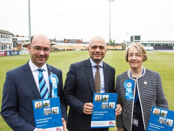 Andre Gonzalez de Savage, Sajid Javid and Heather Smith at the tory manifesto launch party yesterday.