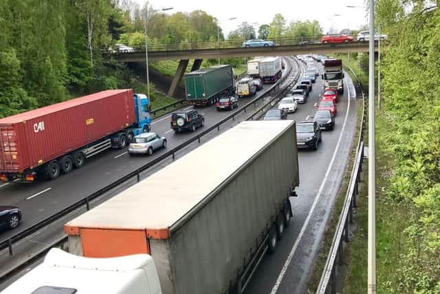 The collision has caused traffic to back up onto the A45 at Queen Eleanor and beyond (credit Northampton Weather @NNweather)