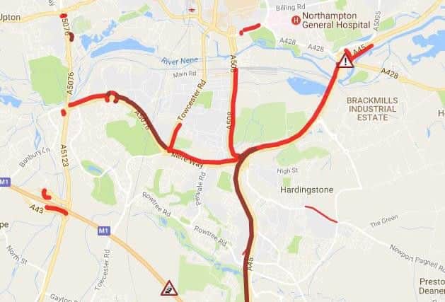 AA Traffic News has estimated delays of 22 minutes for commuters travelling into Northampton this morning.