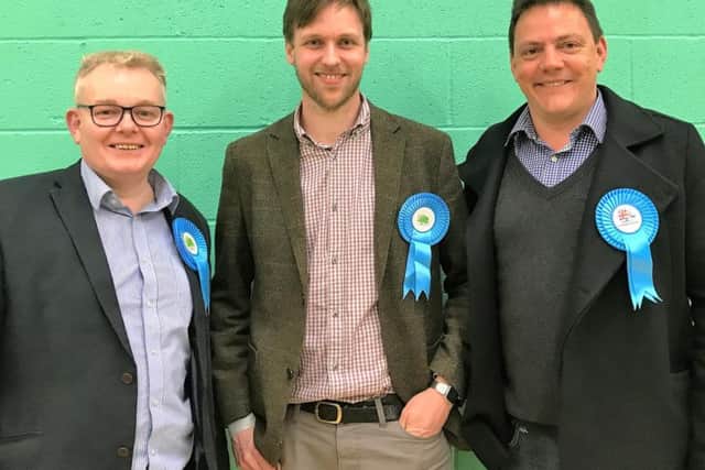 Councillor Ian McCord, leader South Northants Council, Gregor Hopkins, winning candidate at Kings Sutton by-election, and Councillor Ian Morris, former councillor for Kings Sutton