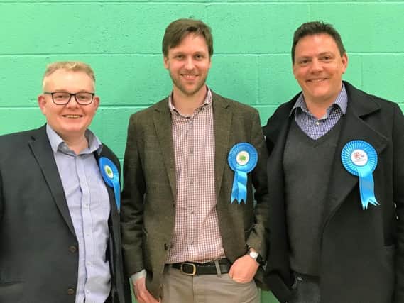 Councillor Ian McCord, leader South Northants Council, Gregor Hopkins, winning candidate at Kings Sutton by-election, and Councillor Ian Morris, former councillor for Kings Sutton