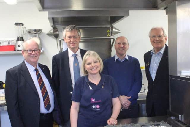 Geoff Shaw (Becket), John Evitt (Npton), Richard Warr (West) and Geoff Yeowart (Nene Valley) with Hope Centre chef Jan Timson