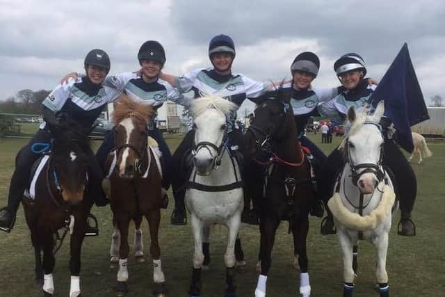 Northamptonshire's winning team: (Left to right) Jade Tokely, 33, riding Lily; Phoebe Yorath, 15, riding GiGi; Jodie Frost, 31, riding Lucy; Ellie-Jane Kerr, 14, riding Pierre; and Alisha Rose Dale, 18, riding May.
