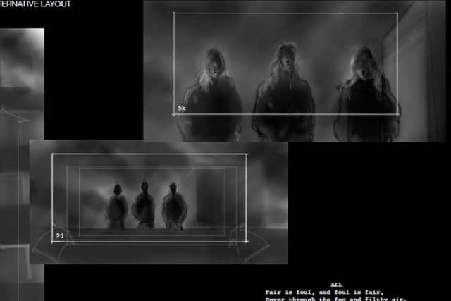 Sketches from the trailer's storyboard depicting the three witches.