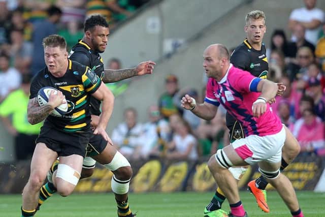 Courtney Lawes was on hand to help Teimana Harrison as Saints pushed past Stade on Friday night (picture: Sharon Lucey)