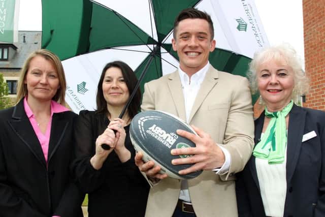 Northampton Saints player Jamie Elliott launching a new Â£600,000 community sports funding programme, where Persimmon are supporting clubs, charities, schools and individual athletes with Jamie is acting as a regional sporting ambassador. Pictured, Persimmon Homes Regional Training Manager Ellen Colebourne, Sales Manager Claire Wyatt, Jamie Elliott and Sales Advisor Ray Kelly