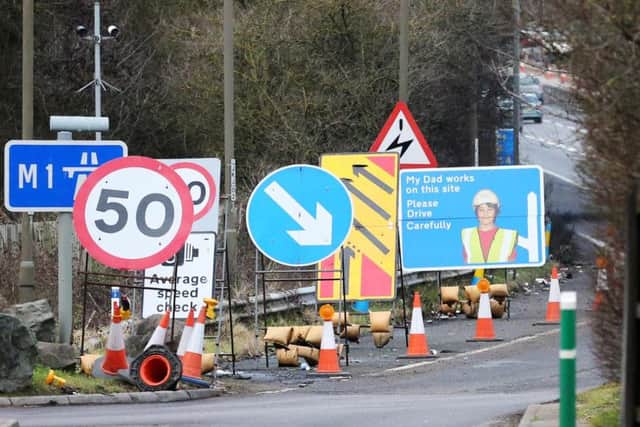 Traffic is crawling in the roadworks section of the M1 by Watford Gap services.