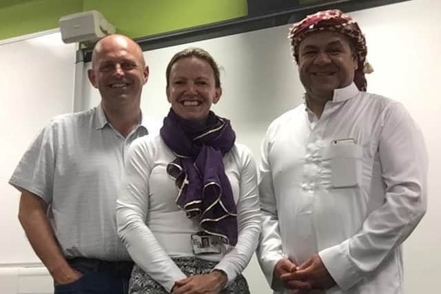 Community Engagement officers Christian Buckenham and Rachel Packman at an event at Northampton University and with Mr Alaa Abouzanad, chair of Northamptonshire supplementary schools.