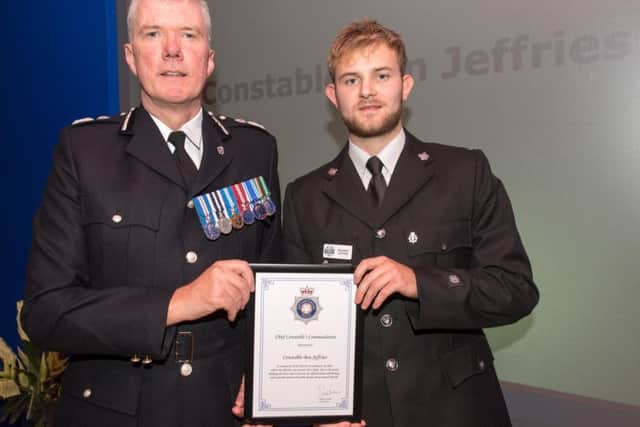 PC Ben Jeffries (pictured right) receiving commendation at Northamptonshire Police Force Awards last October from Chief Constable Simon Edens.