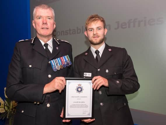 PC Ben Jeffries (pictured right) receiving commendation at Northamptonshire Police Force Awards last October from Chief Constable Simon Edens.