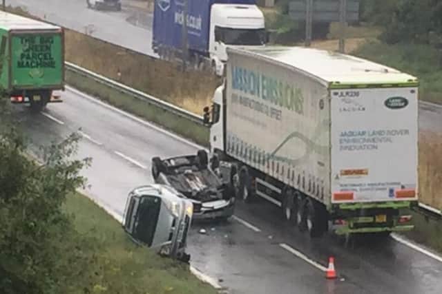 Two cars were flipped in the incident on the A45 near Northampton.