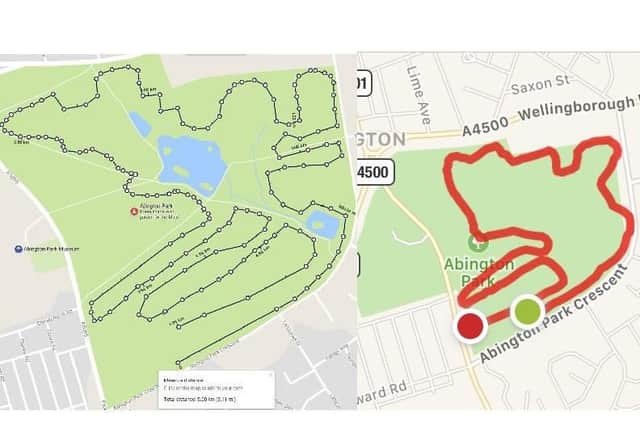 A side-by-side of the planned 5km route and one runner's results from a phone app. The image of the right recorded a 3.17km distance.