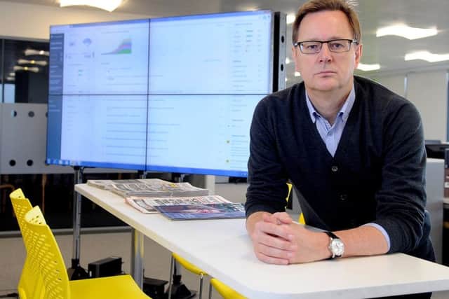 Date: 16th December 2015. Picture James Hardisty.
Ashley Highfield, chief executive of Johnston Press, visiting Yorkshire Post Newspapers, Leeds. YPN-151216-122835060