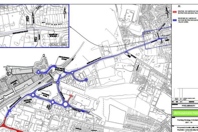 The blue line shows the proposed roads, which might be restricted to staff and visitor parking if given the green light by councillors.