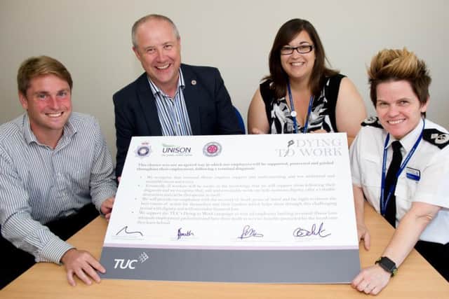 TUC Regional Secretary Lee Barron, Police and Crime Commissioner Stephen Mold, Lyndsay Smith from UNISON and Deputy Chief Constable Rachel Swann.