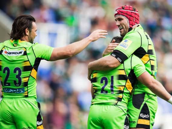 Christian Day congratulated Cobus Reinach after the scrum-half scored Saints' sixth try (pictures: Kirsty Edmonds)