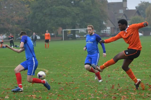 GETTING HIS SHOT OFF - action from Barratts' 2-2 draw with AFC Becket in the Sunday Combination Division One (Pictures: Dave Ikin)